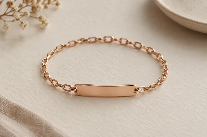 Bracelet fin à plaque rectangulaire posé sur un papier ivoire texturé