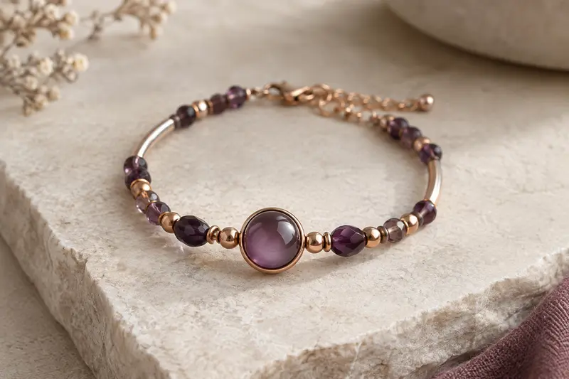 Bracelet photo avec médaillon visible posé sur une pierre claire