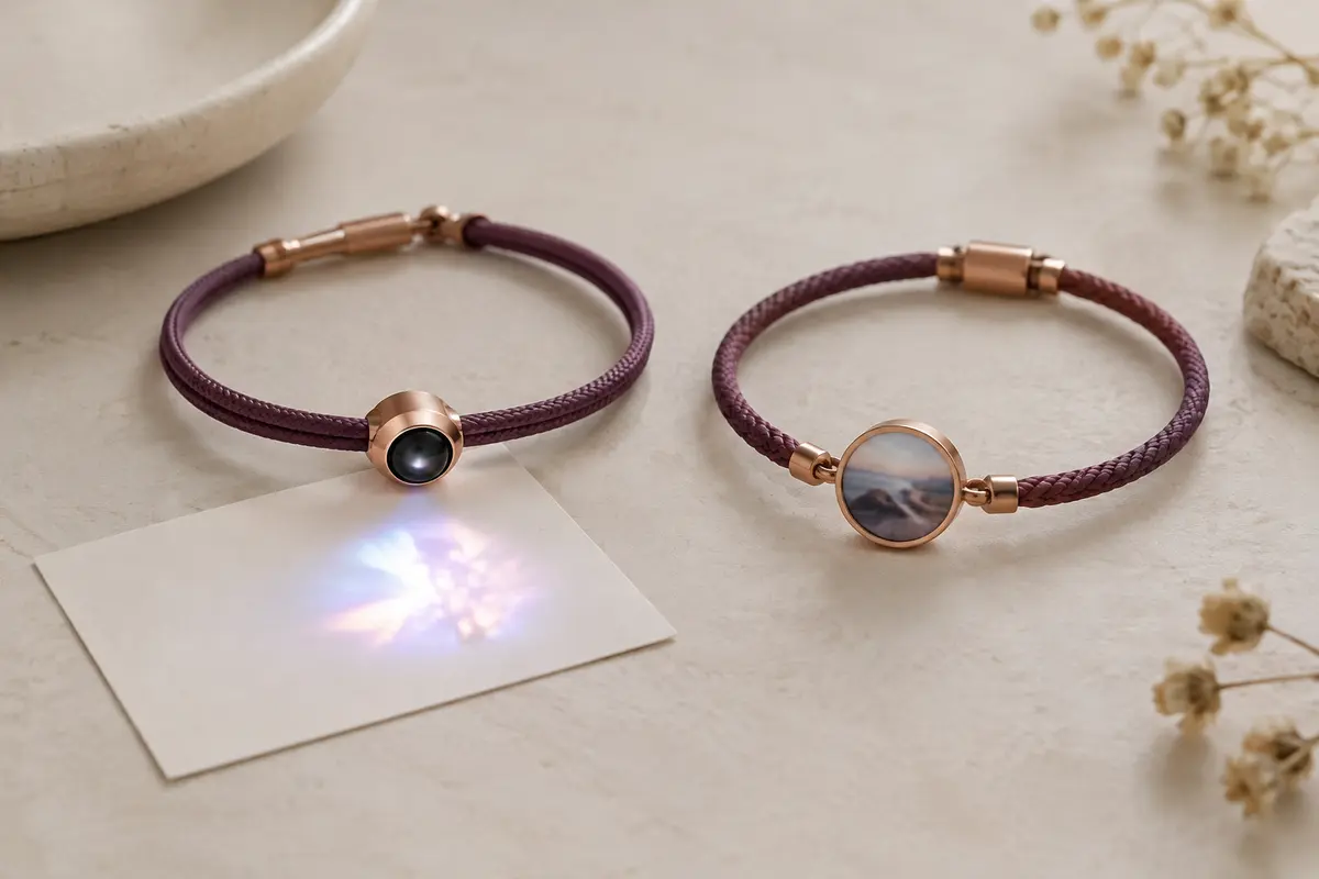 Deux bracelets photo côte à côte, l’un avec un élément de projection et l’autre avec une image imprimée.