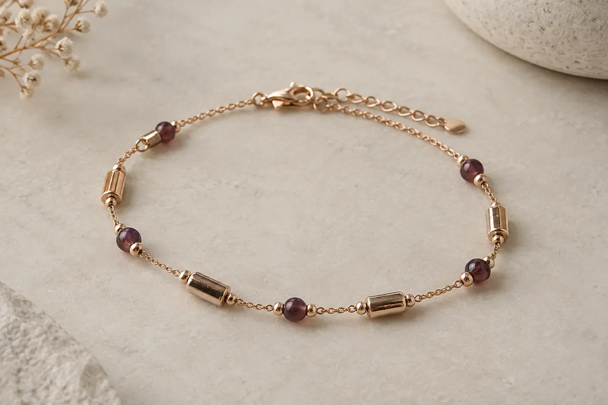 Bracelet à éléments mobiles et perles unies, disposé sobrement sur une surface claire