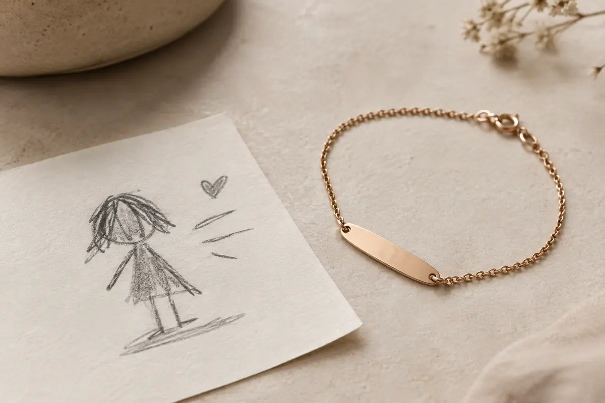 Dessin d’enfant au trait posé près d’un bracelet à plaque lisse prêt à être personnalisé