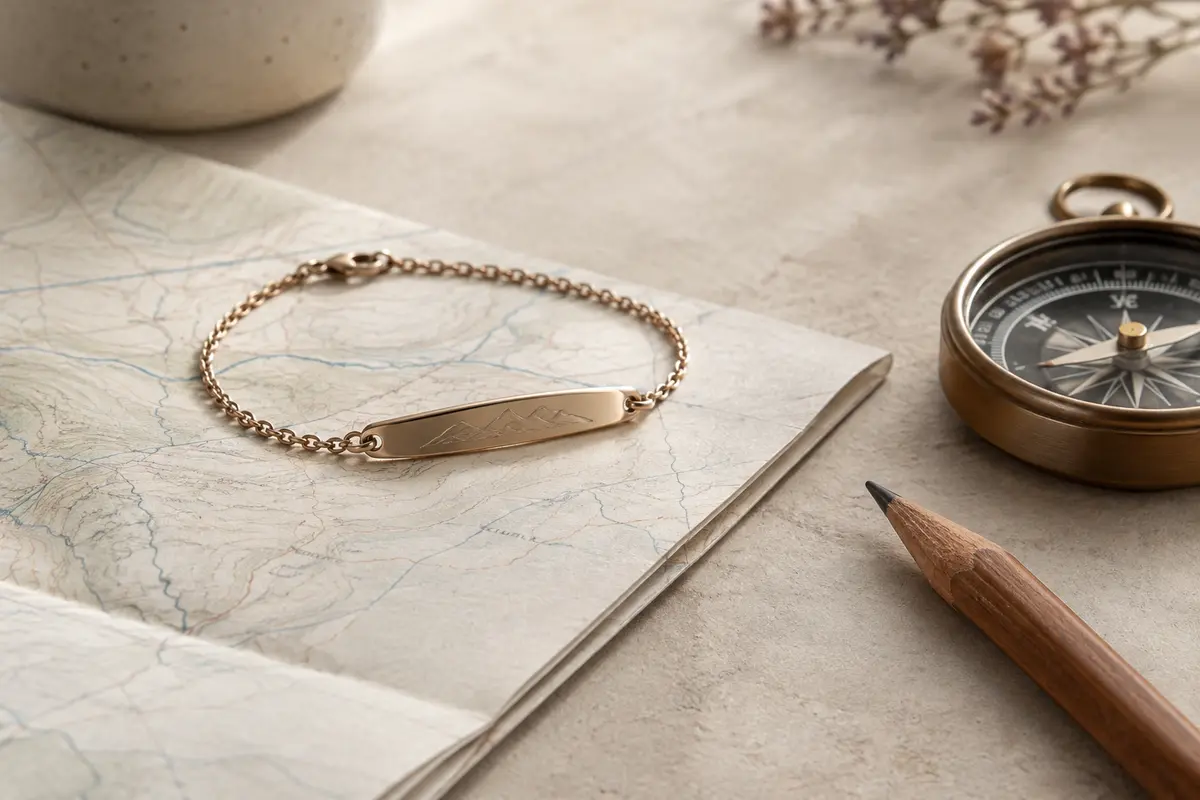 Bracelet à plaque gravée posé près d’une carte et d’une boussole pour évoquer les coordonnées GPS.
