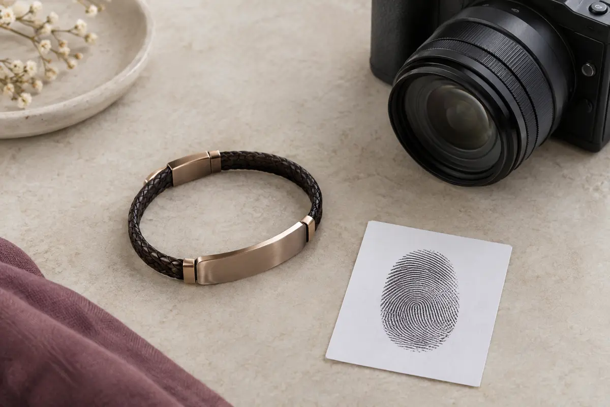 Bracelet à plaque et empreinte imprimée réunis pour illustrer la préparation d’une gravure