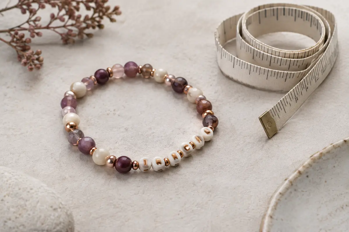 Bracelet de perles avec lettres posé près d’un ruban de mesure sur une surface claire.