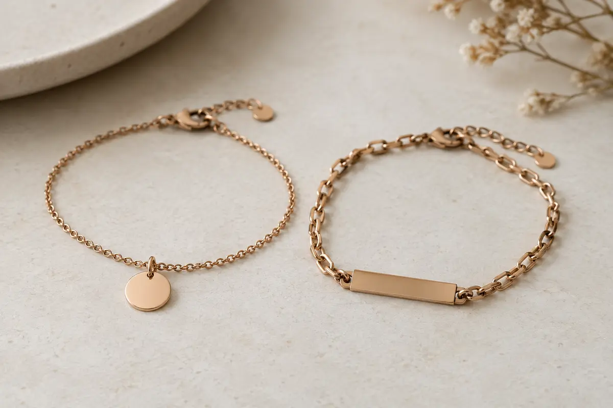 Deux bracelets comparés, l’un avec une médaille ronde suspendue et l’autre avec une plaque intégrée à la chaîne.