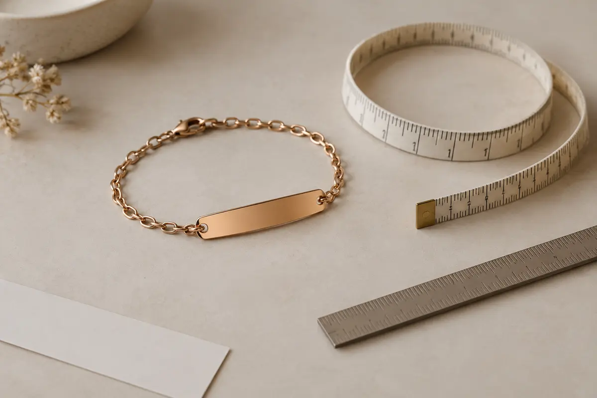 Bracelet gravé posé près d’un ruban souple enroulé pour illustrer la mesure du poignet
