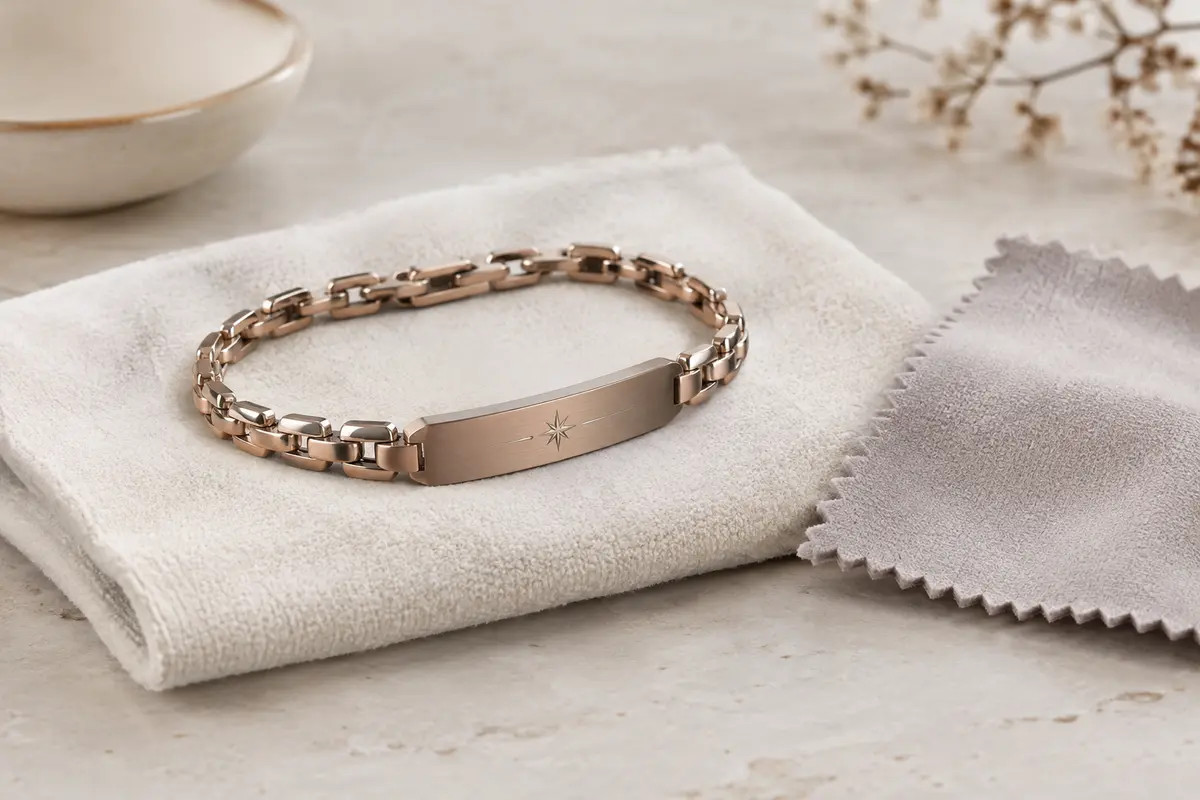 Bracelet à plaque gravée posé sur un chiffon doux pour un nettoyage délicat