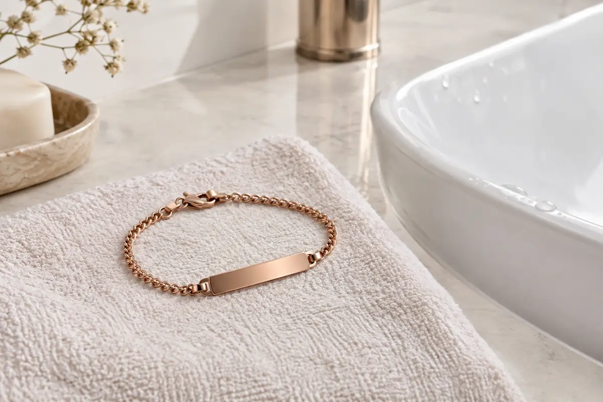 Bracelet personnalisé à plaque gravée posé au sec près d’un lavabo dans une salle de bains