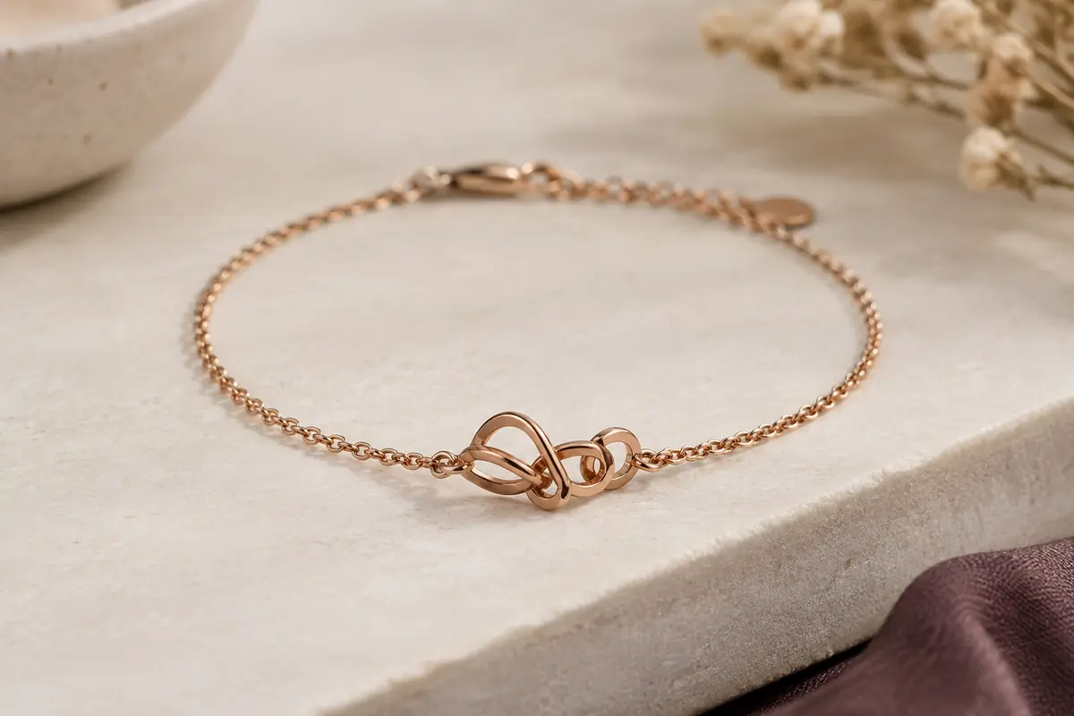 Bracelet fin posé sur un support clair, avec un motif ajouré évoquant des lettres liées