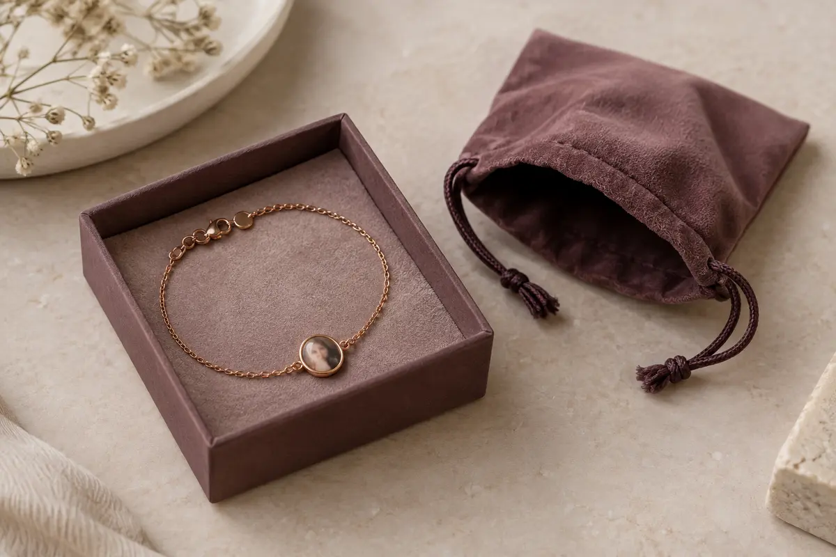 Bracelet avec médaillon photo rangé seul dans un compartiment doublé d’un tissu doux