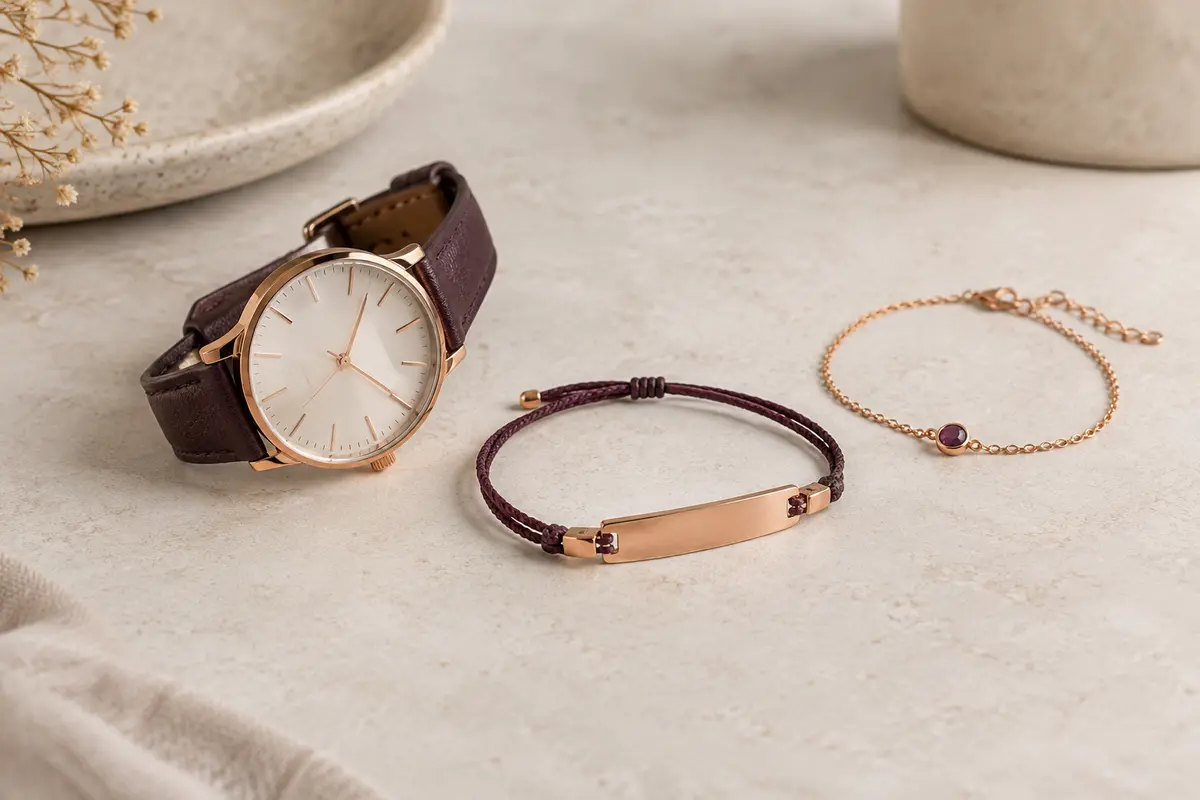 Bracelet personnalisé, montre et bijoux fins disposés côte à côte pour comparer leur port au poignet