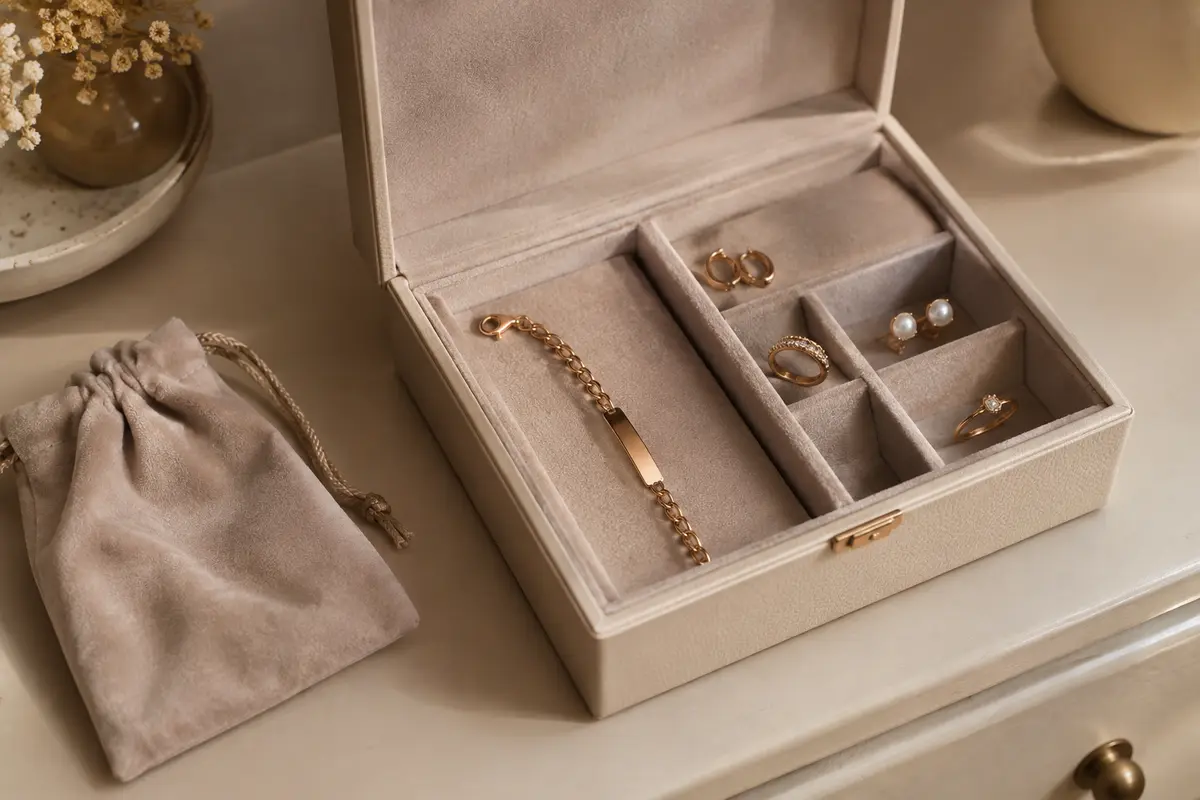 Bracelet chaîne gravé rangé seul dans un compartiment doublé, à l’écart des autres bijoux.