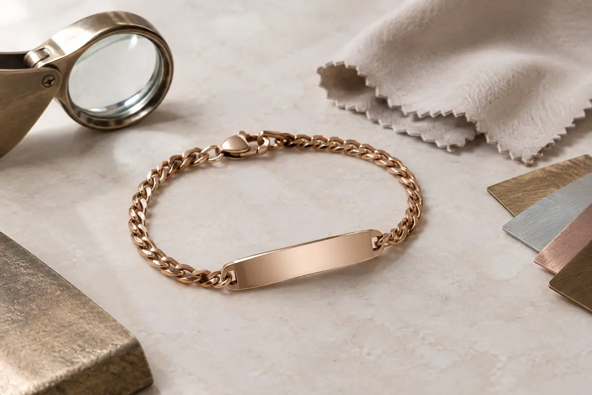 Bracelet gravé posé près d’une loupe et d’un chiffon pour illustrer la vérification de ses matières