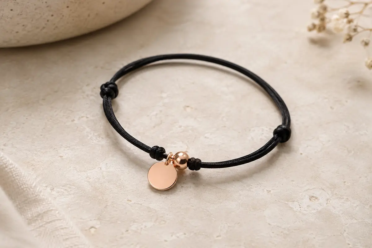 Bracelet à cordon noir et pendentif circulaire or rose posé sur une surface de pierre claire.