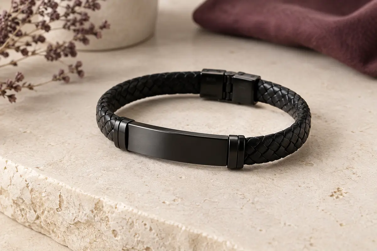 Bracelet homme tressé en simili cuir noir avec plaque métallique personnalisable, posé sur une surface en pierre claire.
