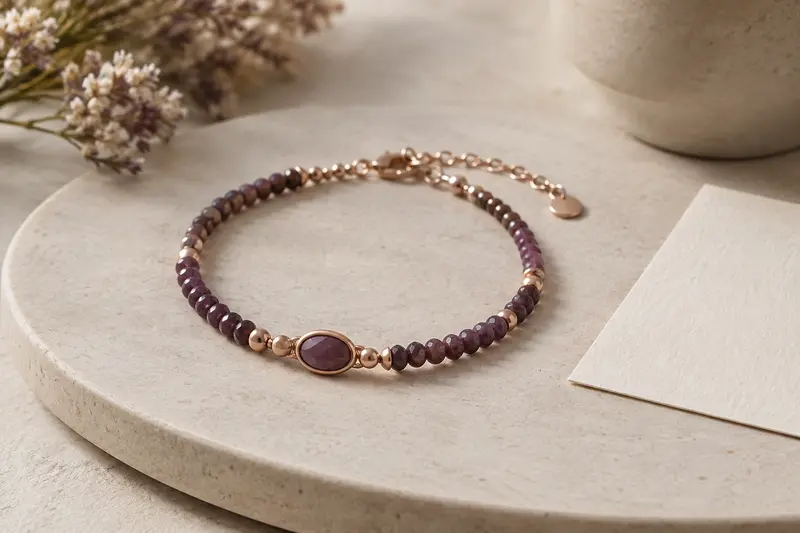 Bracelet présenté sur une céramique mate, dans une ambiance douce aux nuances crème et prune