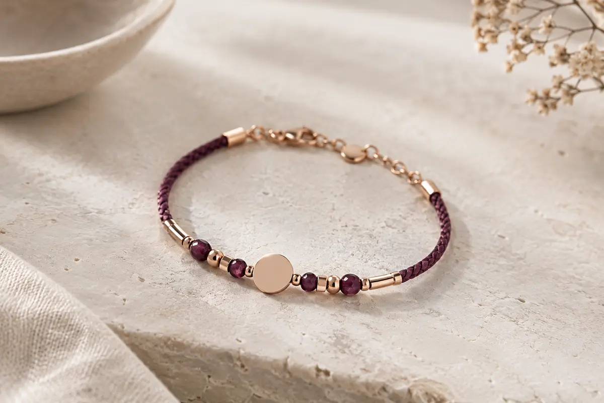 Bracelet personnalisable en gros plan, présenté dans une composition sobre aux tons crème et bronze rosé